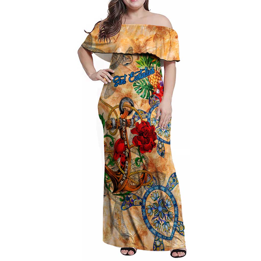 Sint Eustatius Family Matching Off Shoulder Maxi Dress and Hawaiian Shirt Geographic Coordinate Anchor - Turlte Tropical