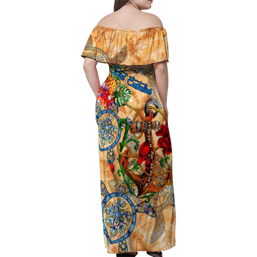 Sint Eustatius Family Matching Off Shoulder Maxi Dress and Hawaiian Shirt Geographic Coordinate Anchor - Turlte Tropical