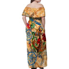 Sint Eustatius Family Matching Off Shoulder Maxi Dress and Hawaiian Shirt Geographic Coordinate Anchor - Turlte Tropical