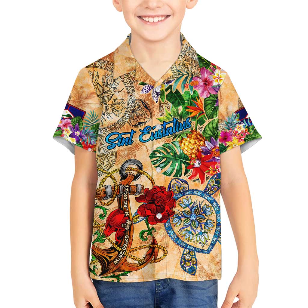 Sint Eustatius Family Matching Off Shoulder Maxi Dress and Hawaiian Shirt Geographic Coordinate Anchor - Turlte Tropical