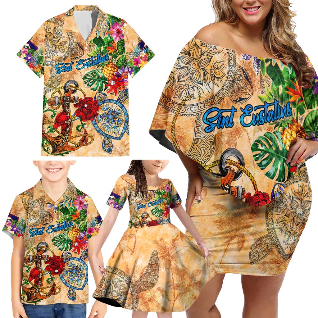 Sint Eustatius Family Matching Off Shoulder Short Dress and Hawaiian Shirt Geographic Coordinate Anchor - Turlte Tropical