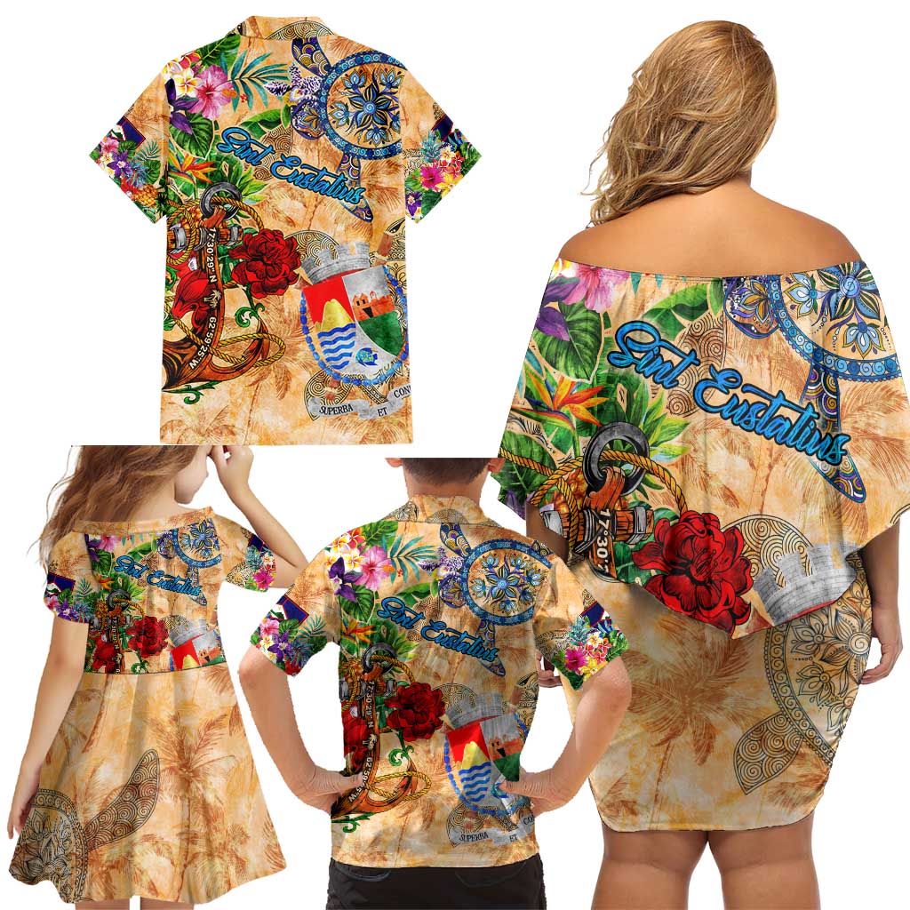 Sint Eustatius Family Matching Off Shoulder Short Dress and Hawaiian Shirt Geographic Coordinate Anchor - Turlte Tropical