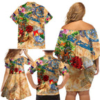 Sint Eustatius Family Matching Off Shoulder Short Dress and Hawaiian Shirt Geographic Coordinate Anchor - Turlte Tropical