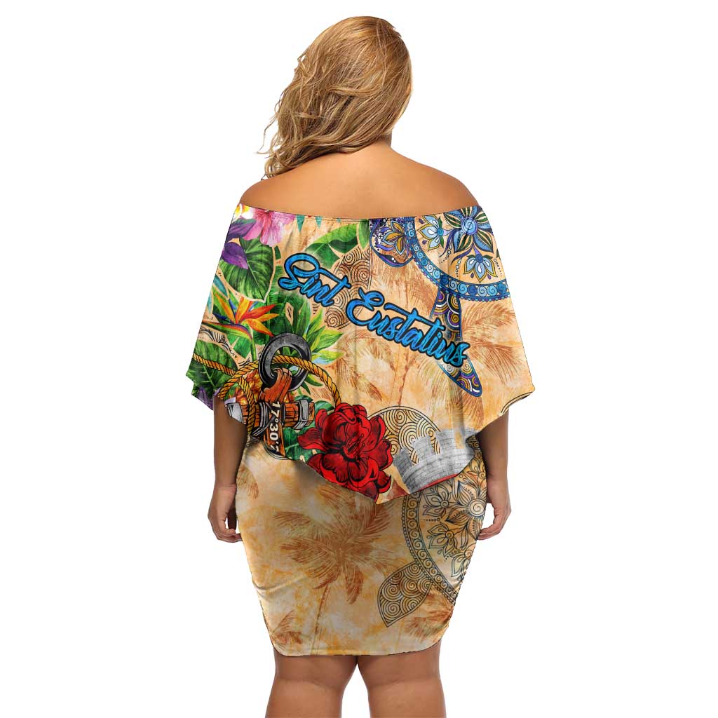 Sint Eustatius Family Matching Off Shoulder Short Dress and Hawaiian Shirt Geographic Coordinate Anchor - Turlte Tropical
