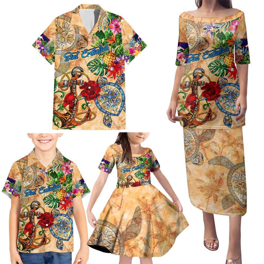 Sint Eustatius Family Matching Puletasi and Hawaiian Shirt Geographic Coordinate Anchor - Turlte Tropical