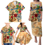 Sint Eustatius Family Matching Puletasi and Hawaiian Shirt Geographic Coordinate Anchor - Turlte Tropical