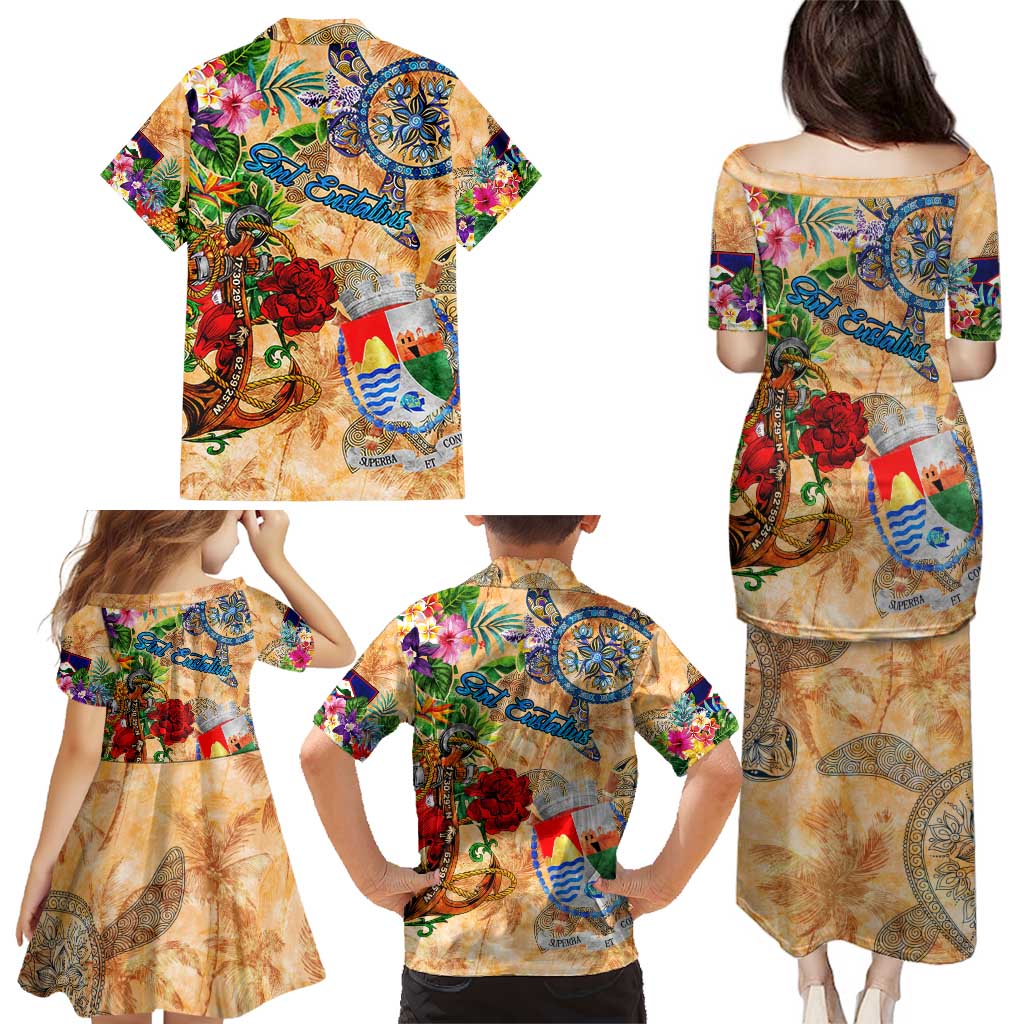 Sint Eustatius Family Matching Puletasi and Hawaiian Shirt Geographic Coordinate Anchor - Turlte Tropical