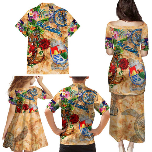 Sint Eustatius Family Matching Puletasi and Hawaiian Shirt Geographic Coordinate Anchor - Turlte Tropical