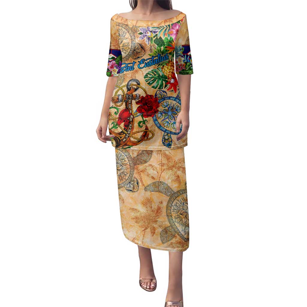 Sint Eustatius Family Matching Puletasi and Hawaiian Shirt Geographic Coordinate Anchor - Turlte Tropical
