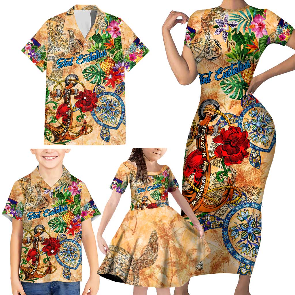 Sint Eustatius Family Matching Short Sleeve Bodycon Dress and Hawaiian Shirt Geographic Coordinate Anchor - Turlte Tropical