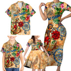 Sint Eustatius Family Matching Short Sleeve Bodycon Dress and Hawaiian Shirt Geographic Coordinate Anchor - Turlte Tropical