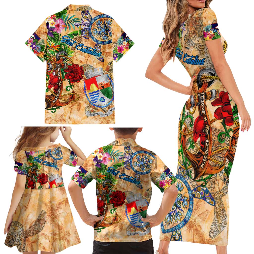 Sint Eustatius Family Matching Short Sleeve Bodycon Dress and Hawaiian Shirt Geographic Coordinate Anchor - Turlte Tropical