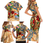 Sint Eustatius Family Matching Short Sleeve Bodycon Dress and Hawaiian Shirt Geographic Coordinate Anchor - Turlte Tropical