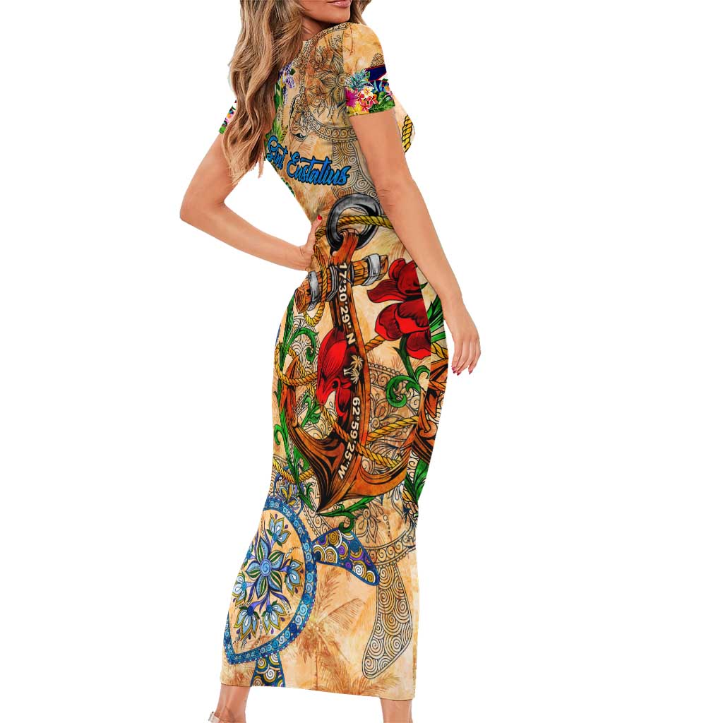 Sint Eustatius Family Matching Short Sleeve Bodycon Dress and Hawaiian Shirt Geographic Coordinate Anchor - Turlte Tropical