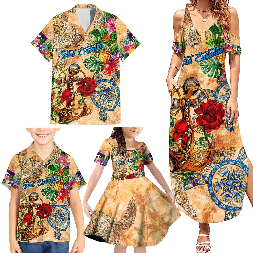 Sint Eustatius Family Matching Summer Maxi Dress and Hawaiian Shirt Geographic Coordinate Anchor - Turlte Tropical