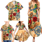 Sint Eustatius Family Matching Summer Maxi Dress and Hawaiian Shirt Geographic Coordinate Anchor - Turlte Tropical