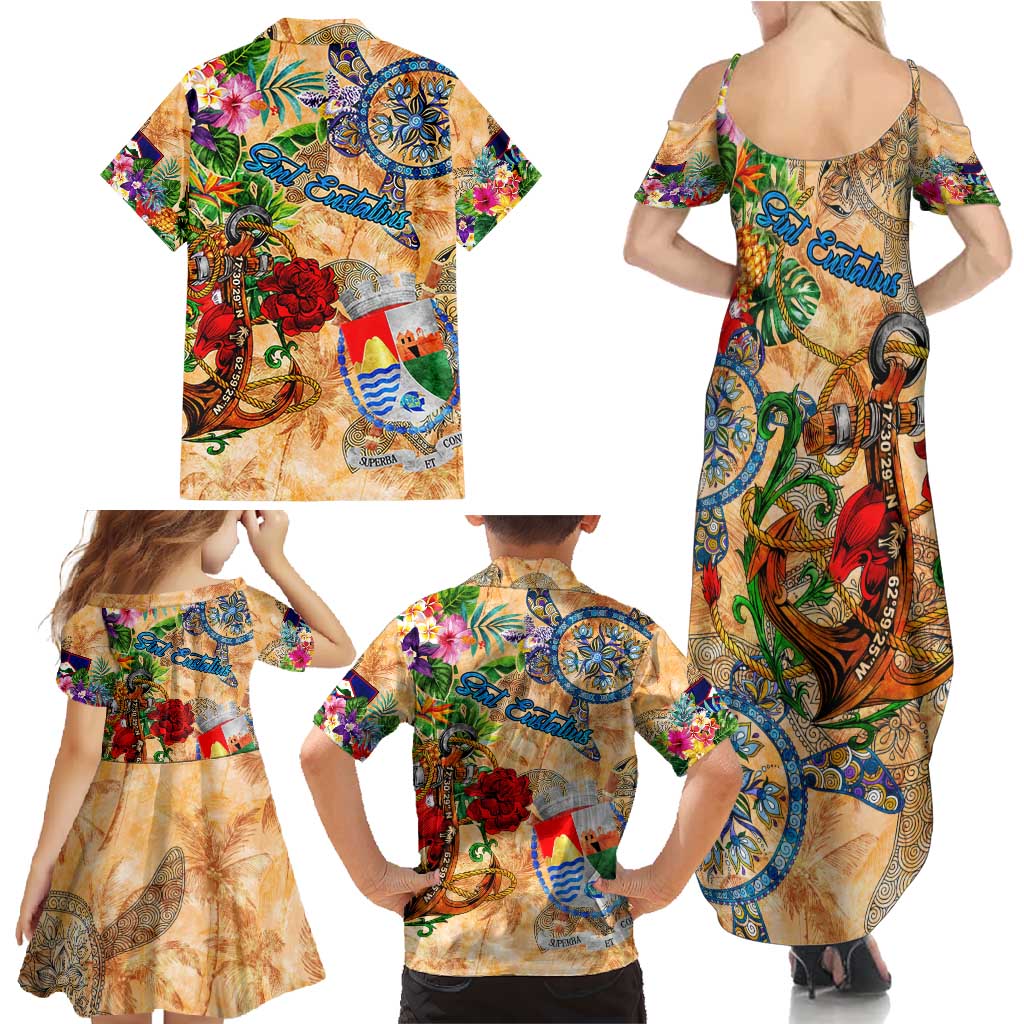 Sint Eustatius Family Matching Summer Maxi Dress and Hawaiian Shirt Geographic Coordinate Anchor - Turlte Tropical