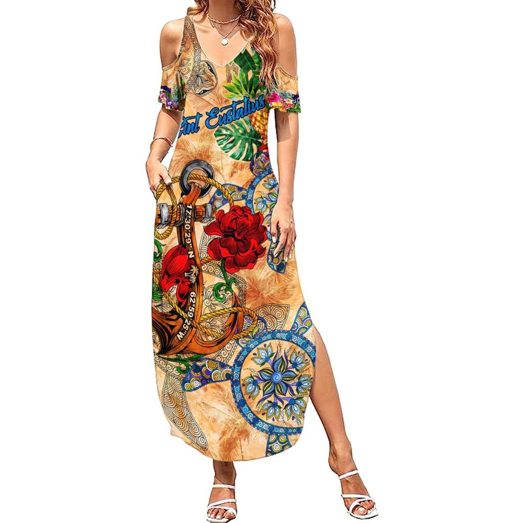 Sint Eustatius Family Matching Summer Maxi Dress and Hawaiian Shirt Geographic Coordinate Anchor - Turlte Tropical