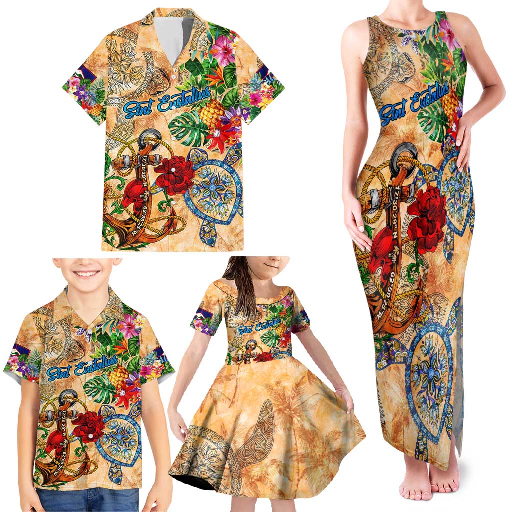Sint Eustatius Family Matching Tank Maxi Dress and Hawaiian Shirt Geographic Coordinate Anchor - Turlte Tropical