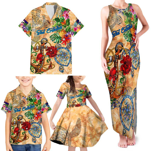 Sint Eustatius Family Matching Tank Maxi Dress and Hawaiian Shirt Geographic Coordinate Anchor - Turlte Tropical