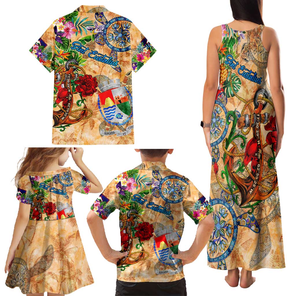 Sint Eustatius Family Matching Tank Maxi Dress and Hawaiian Shirt Geographic Coordinate Anchor - Turlte Tropical