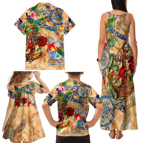 Sint Eustatius Family Matching Tank Maxi Dress and Hawaiian Shirt Geographic Coordinate Anchor - Turlte Tropical