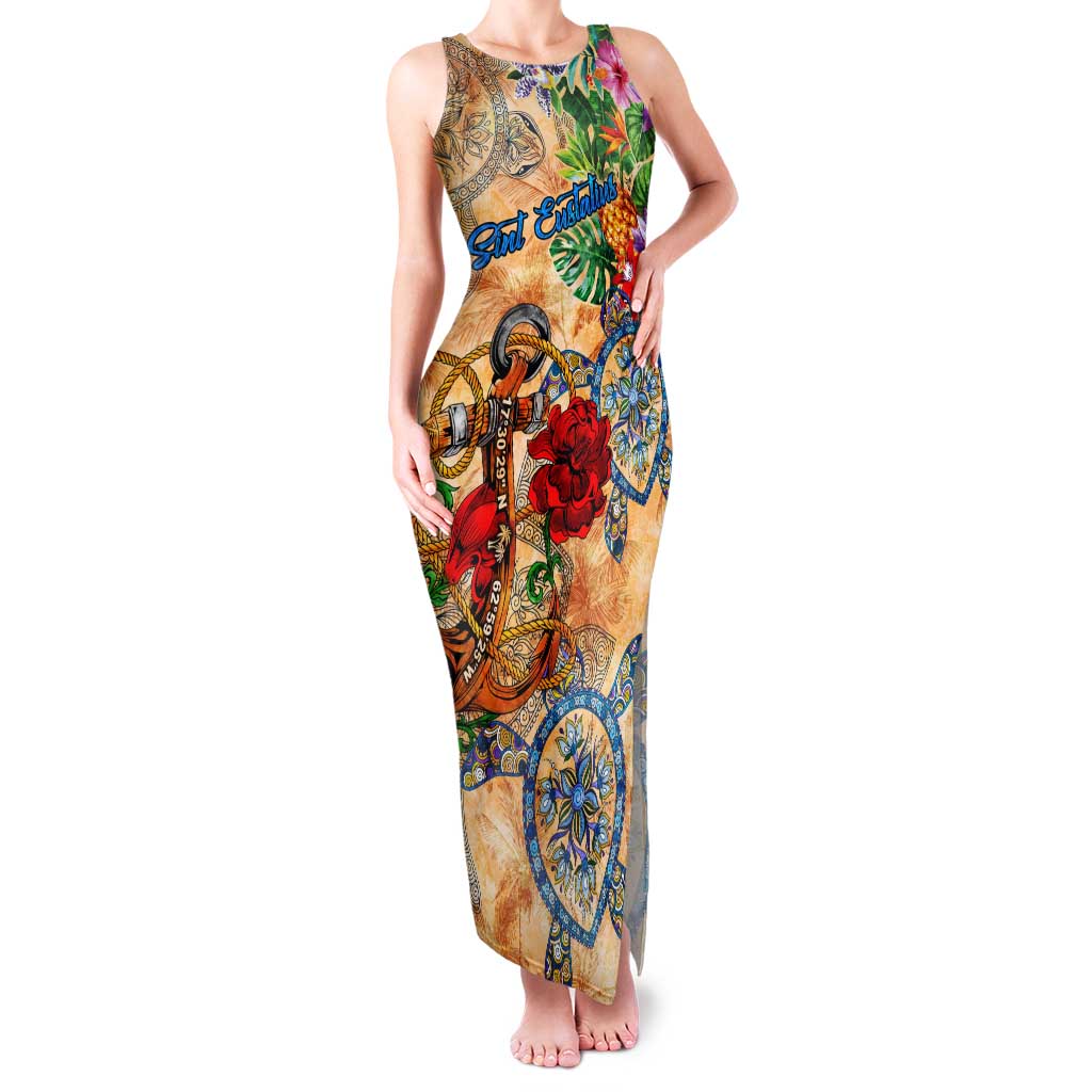 Sint Eustatius Family Matching Tank Maxi Dress and Hawaiian Shirt Geographic Coordinate Anchor - Turlte Tropical