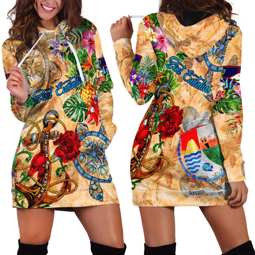 Sint Eustatius Hoodie Dress Geographic Coordinate Anchor - Turlte Tropical