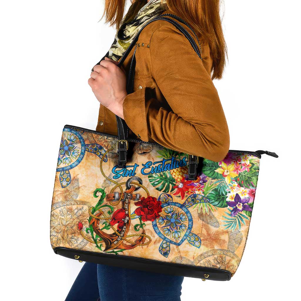 Sint Eustatius Leather Tote Bag Geographic Coordinate Anchor - Turlte Tropical