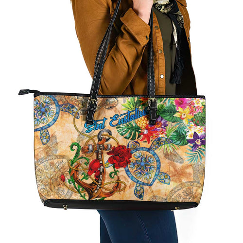 Sint Eustatius Leather Tote Bag Geographic Coordinate Anchor - Turlte Tropical