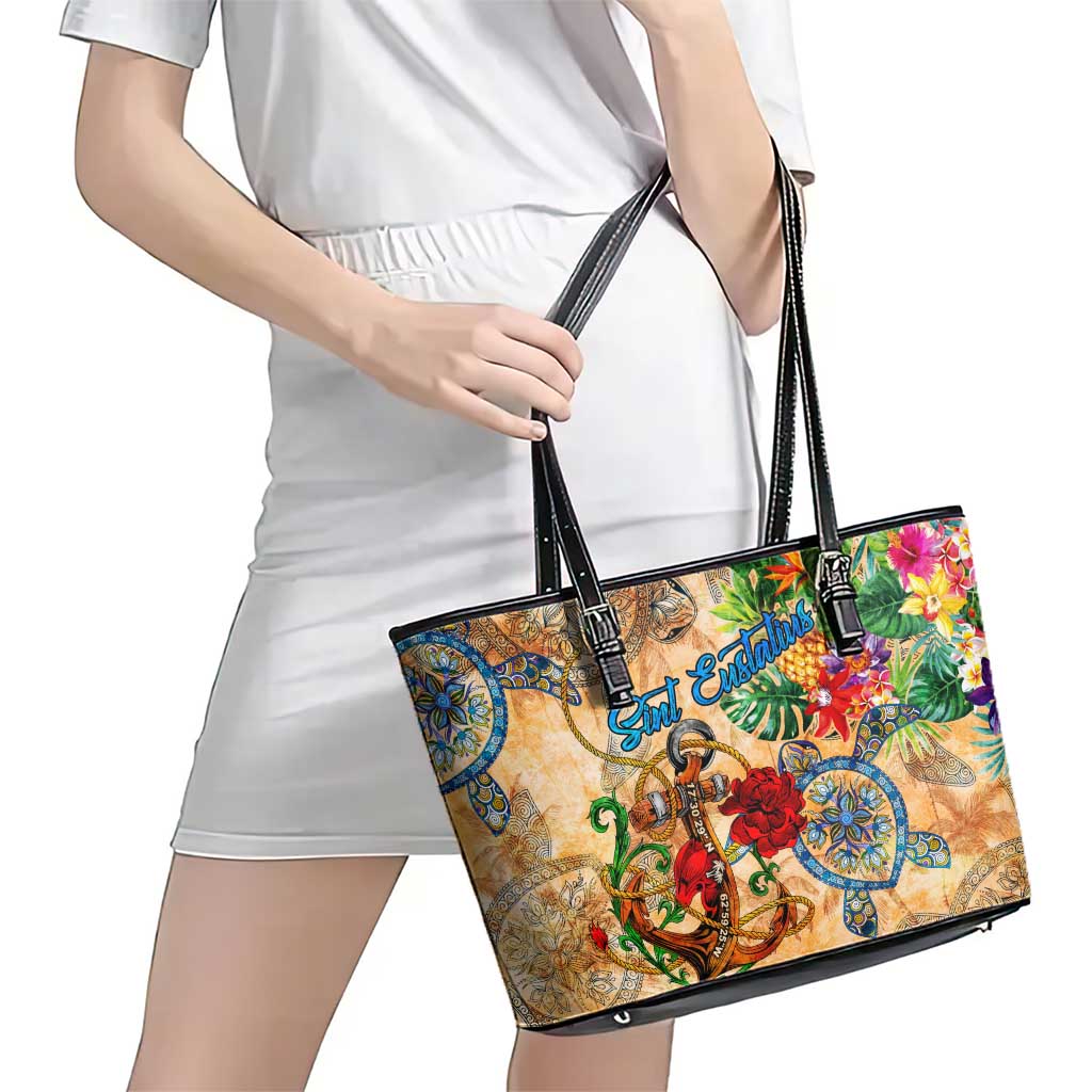 Sint Eustatius Leather Tote Bag Geographic Coordinate Anchor - Turlte Tropical