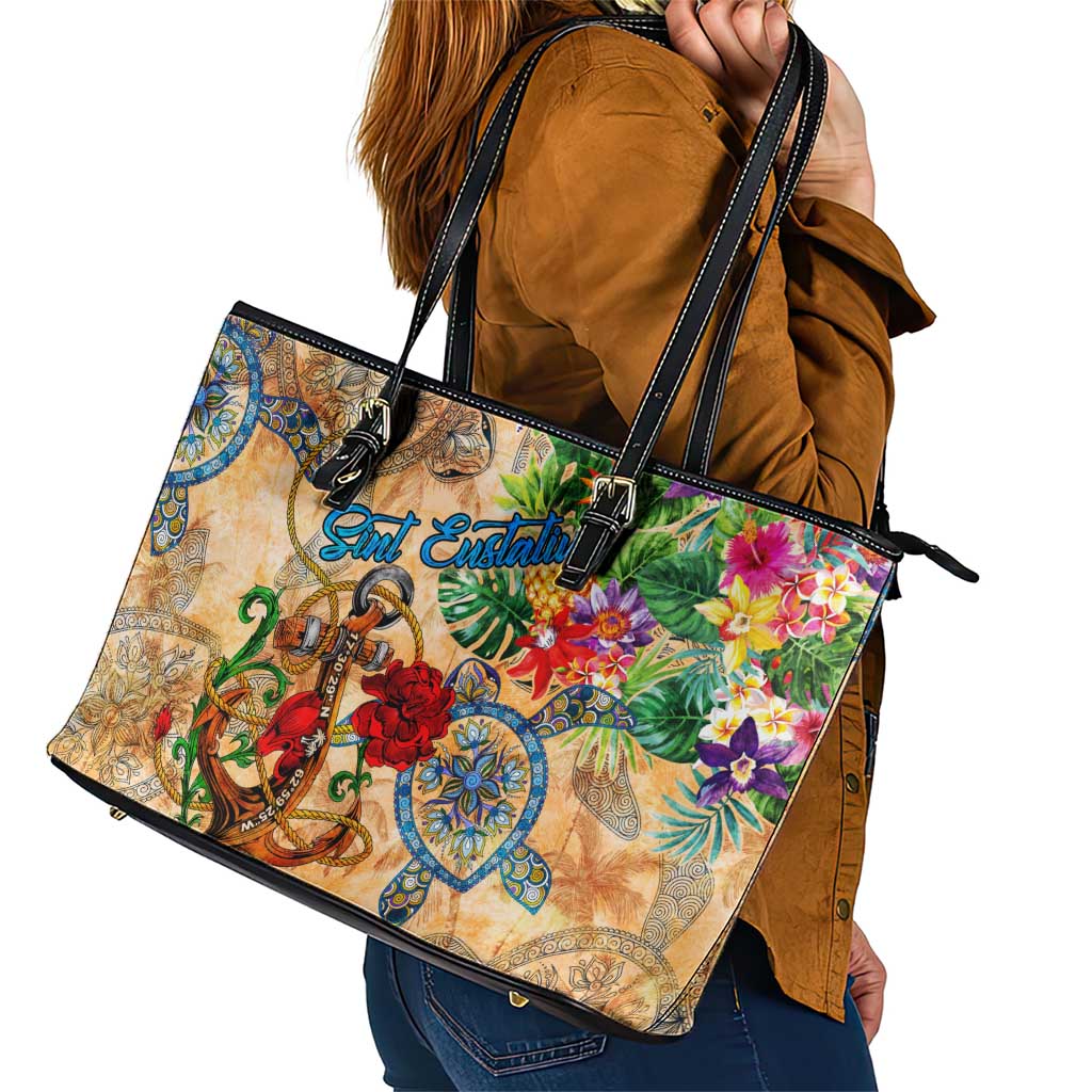 Sint Eustatius Leather Tote Bag Geographic Coordinate Anchor - Turlte Tropical