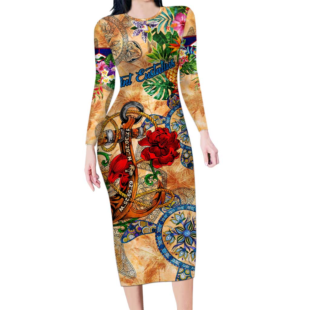 Sint Eustatius Long Sleeve Bodycon Dress Geographic Coordinate Anchor - Turlte Tropical
