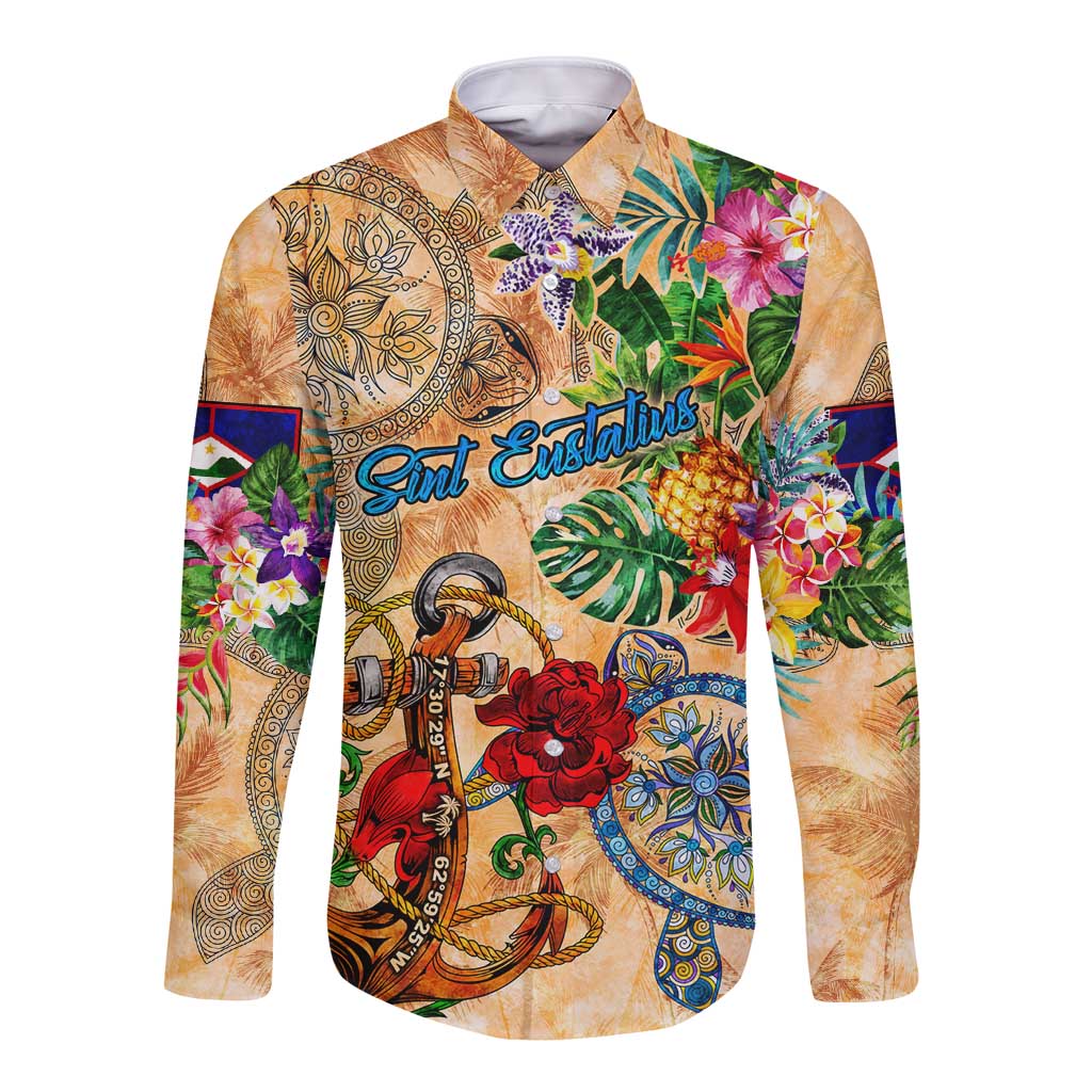 Sint Eustatius Long Sleeve Button Shirt Geographic Coordinate Anchor - Turlte Tropical