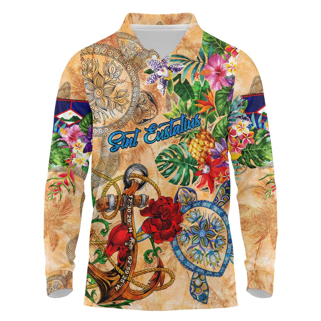 Sint Eustatius Long Sleeve Polo Shirt Geographic Coordinate Anchor - Turlte Tropical