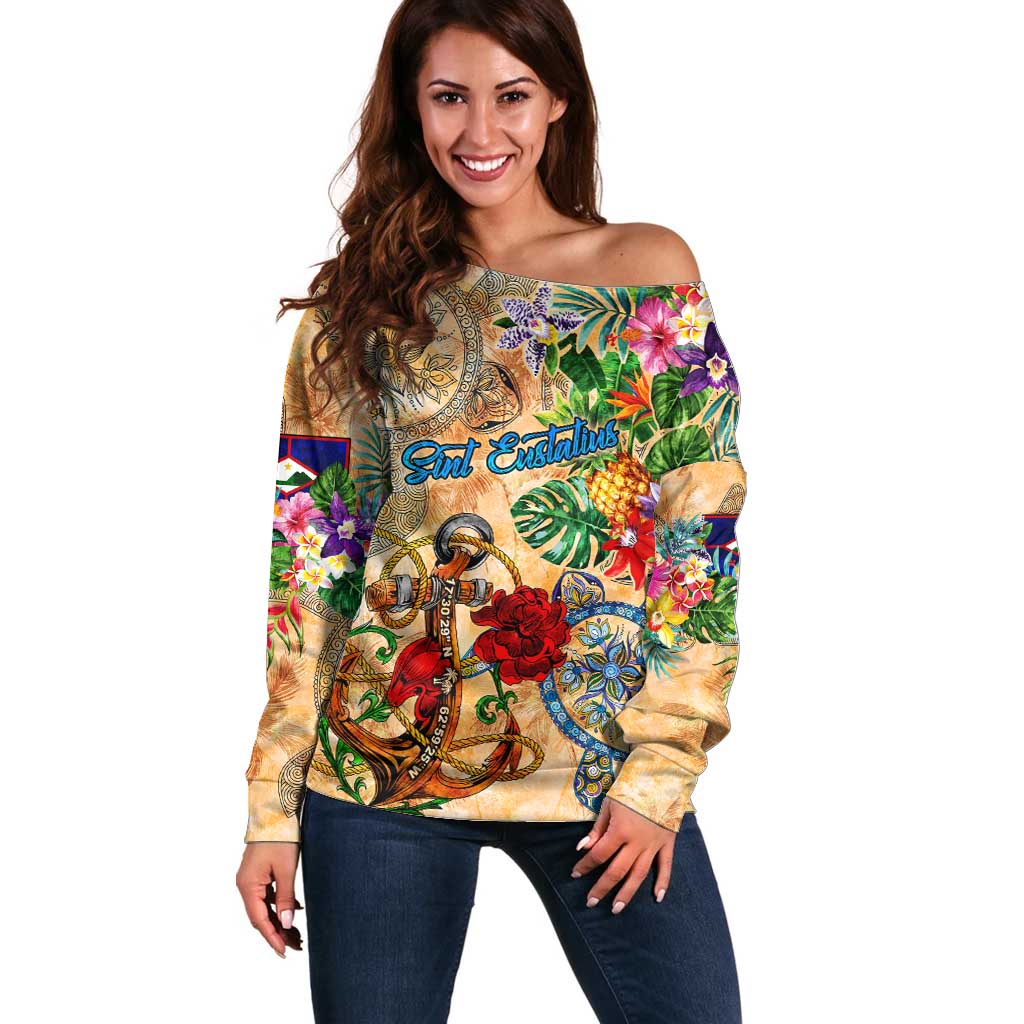 Sint Eustatius Off Shoulder Sweater Geographic Coordinate Anchor - Turlte Tropical