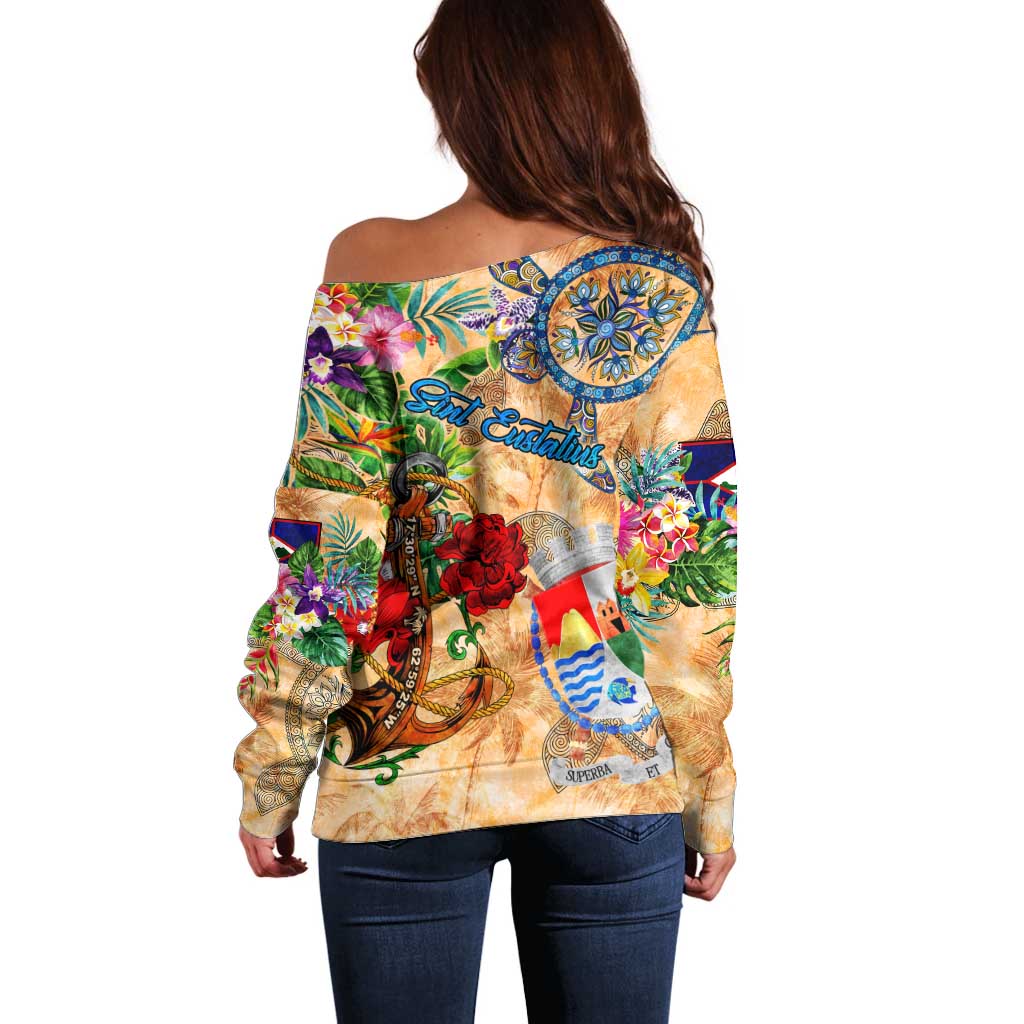 Sint Eustatius Off Shoulder Sweater Geographic Coordinate Anchor - Turlte Tropical