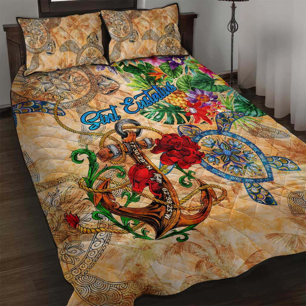 Sint Eustatius Quilt Bed Set Geographic Coordinate Anchor - Turlte Tropical