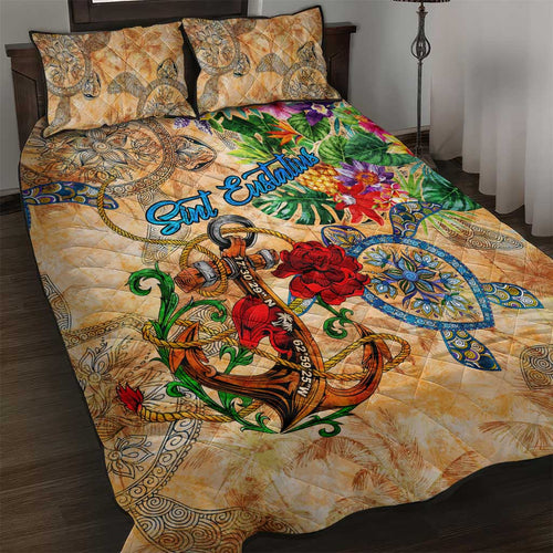 Sint Eustatius Quilt Bed Set Geographic Coordinate Anchor - Turlte Tropical