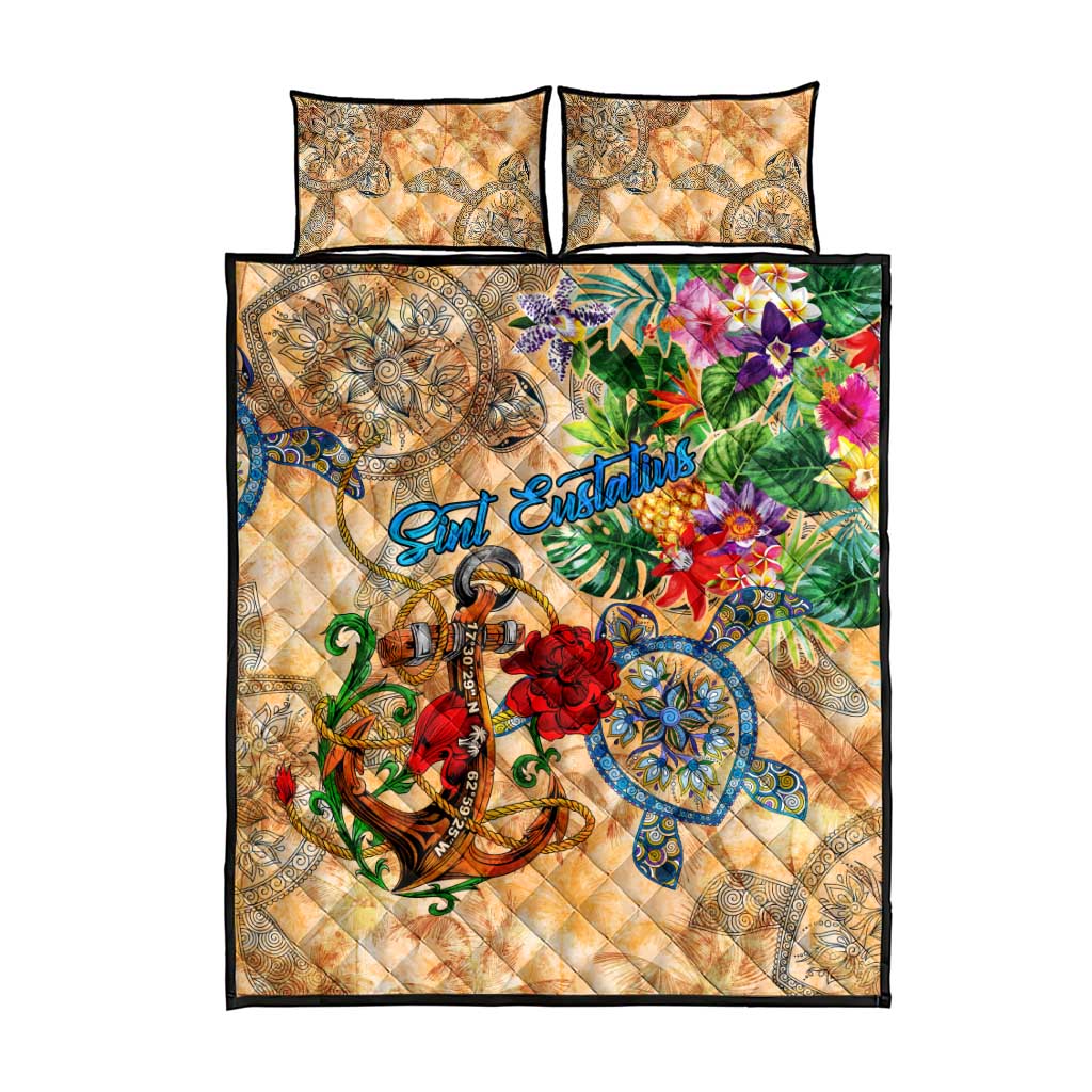 Sint Eustatius Quilt Bed Set Geographic Coordinate Anchor - Turlte Tropical