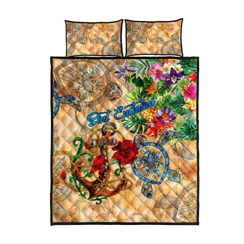 Sint Eustatius Quilt Bed Set Geographic Coordinate Anchor - Turlte Tropical