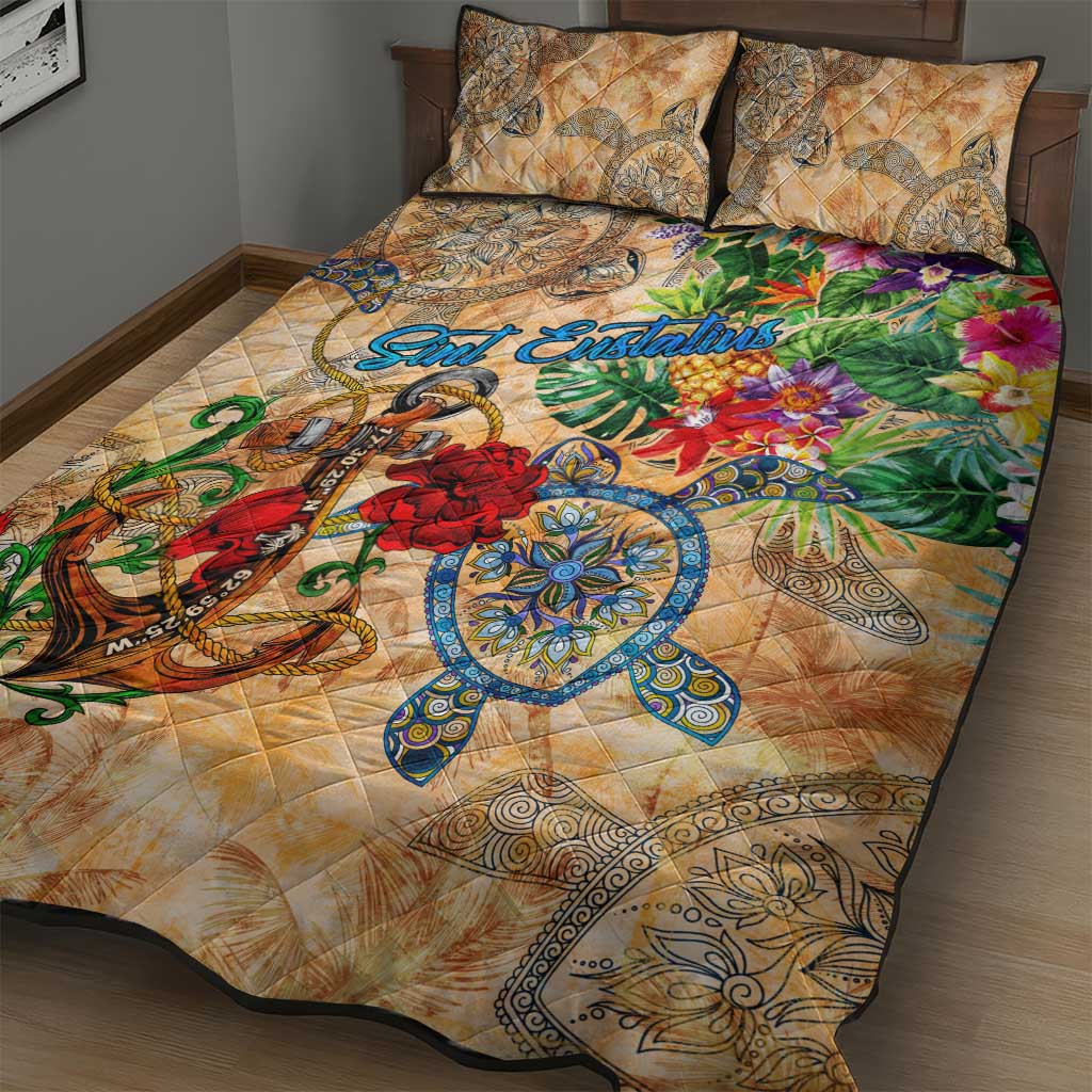 Sint Eustatius Quilt Bed Set Geographic Coordinate Anchor - Turlte Tropical