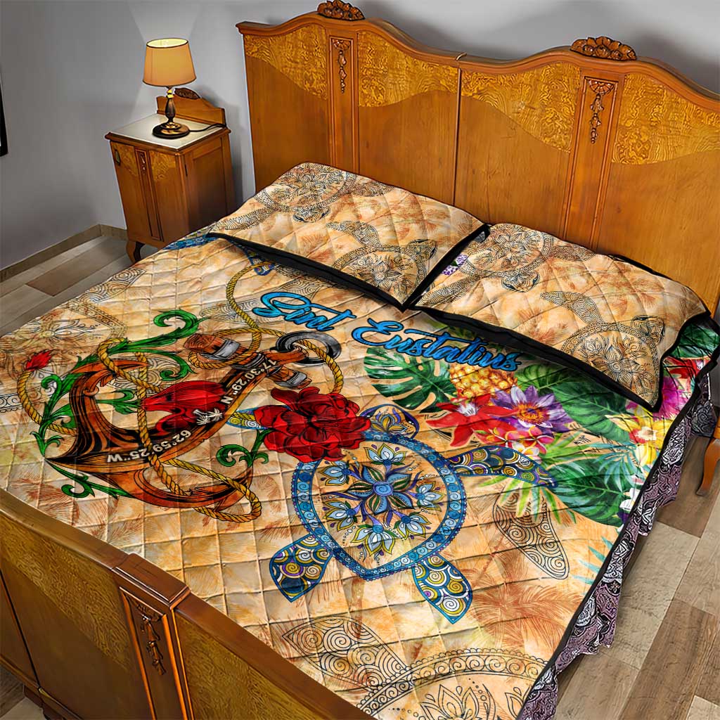 Sint Eustatius Quilt Bed Set Geographic Coordinate Anchor - Turlte Tropical