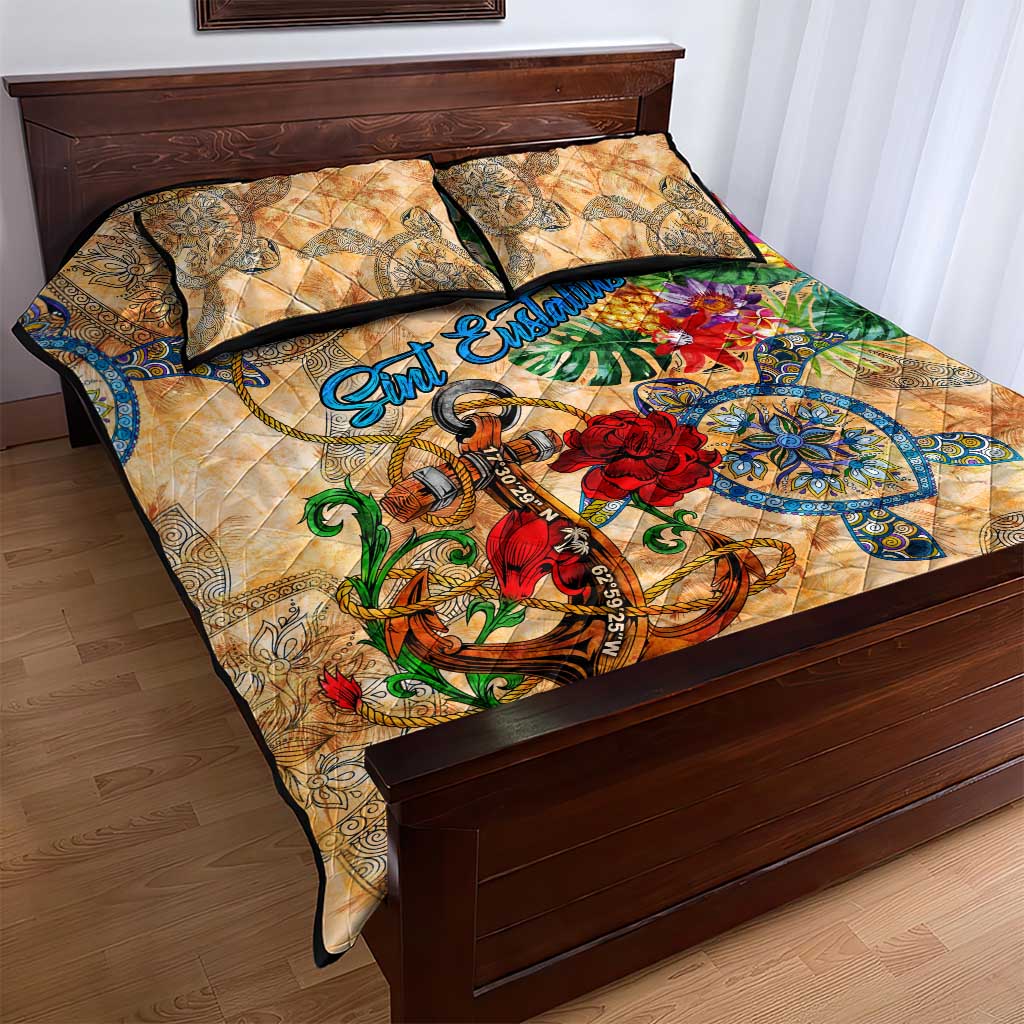 Sint Eustatius Quilt Bed Set Geographic Coordinate Anchor - Turlte Tropical