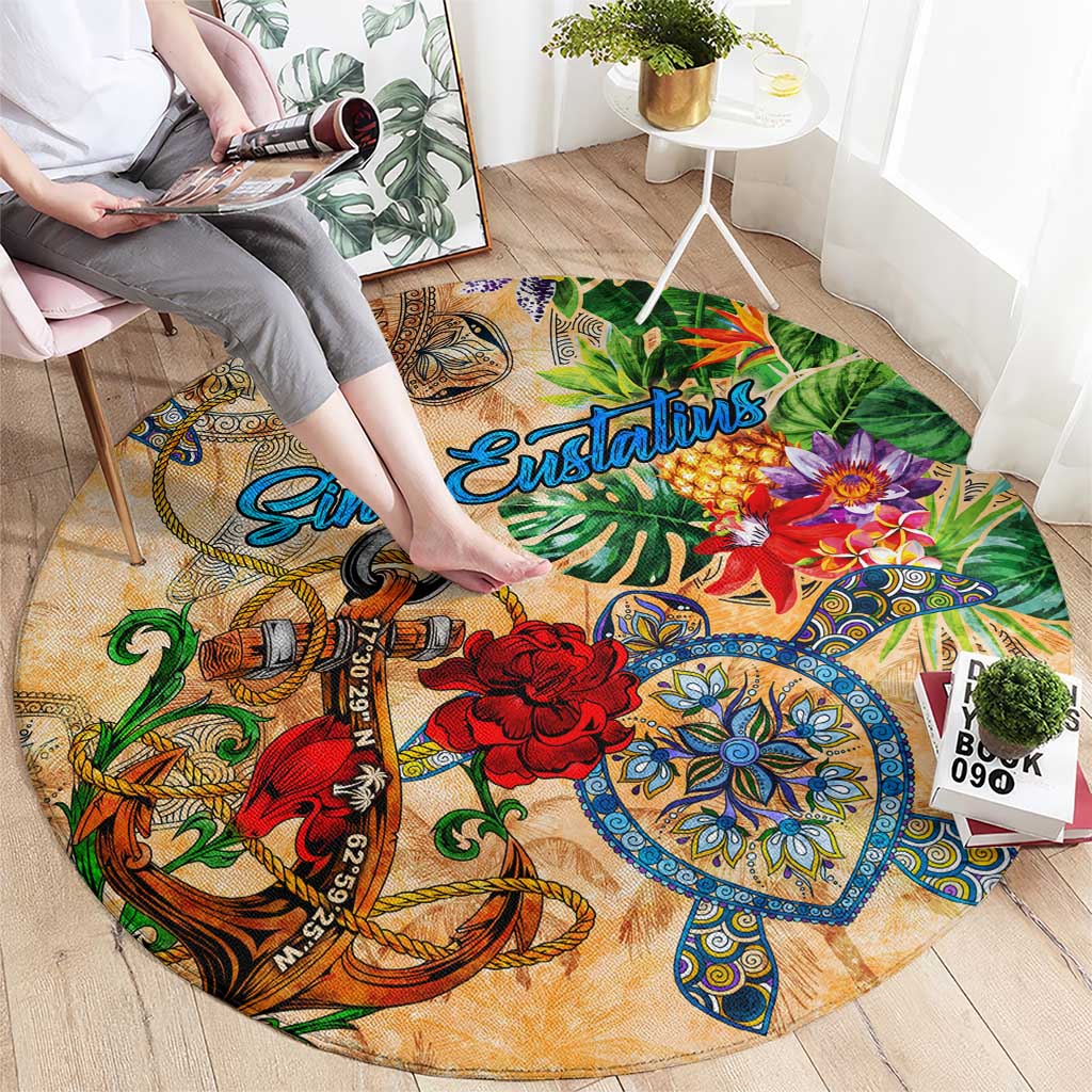 Sint Eustatius Round Carpet Geographic Coordinate Anchor - Turlte Tropical