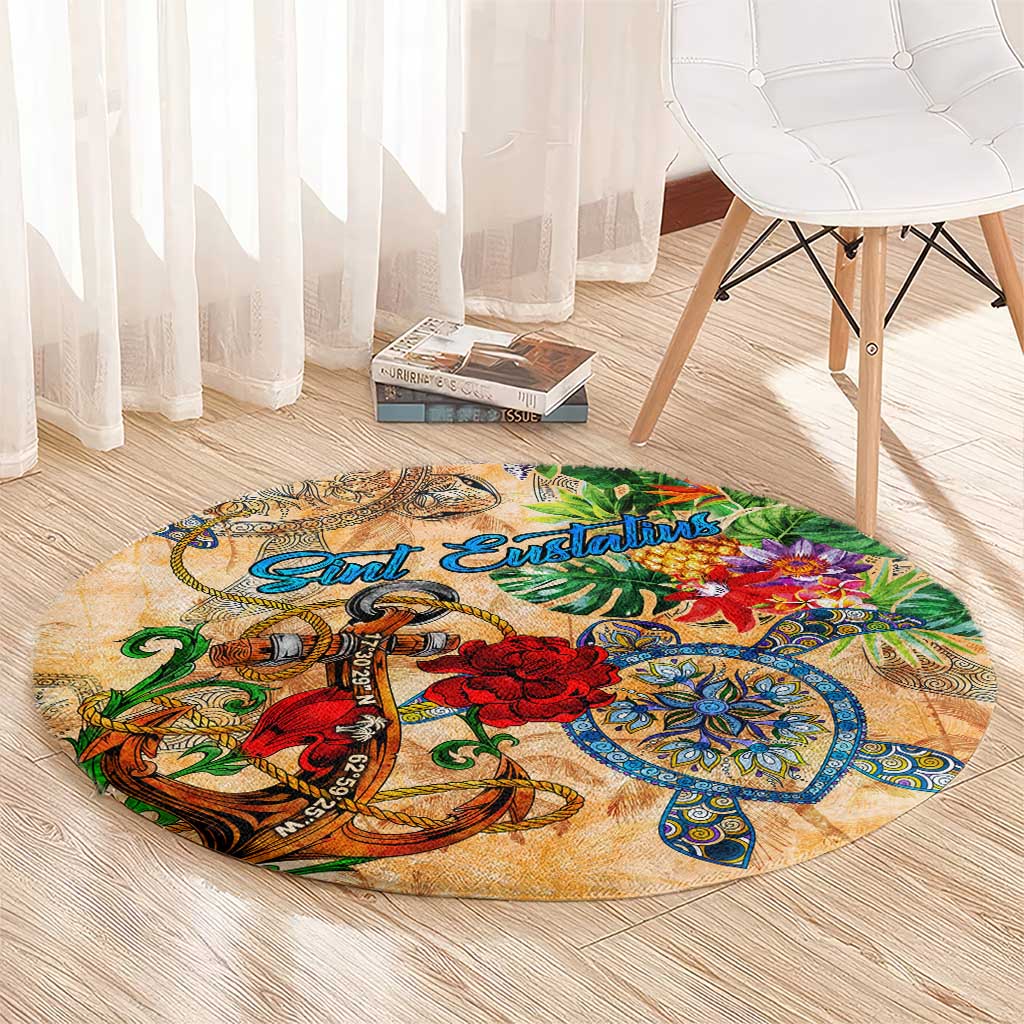 Sint Eustatius Round Carpet Geographic Coordinate Anchor - Turlte Tropical