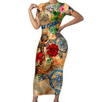 Sint Eustatius Short Sleeve Bodycon Dress Geographic Coordinate Anchor - Turlte Tropical