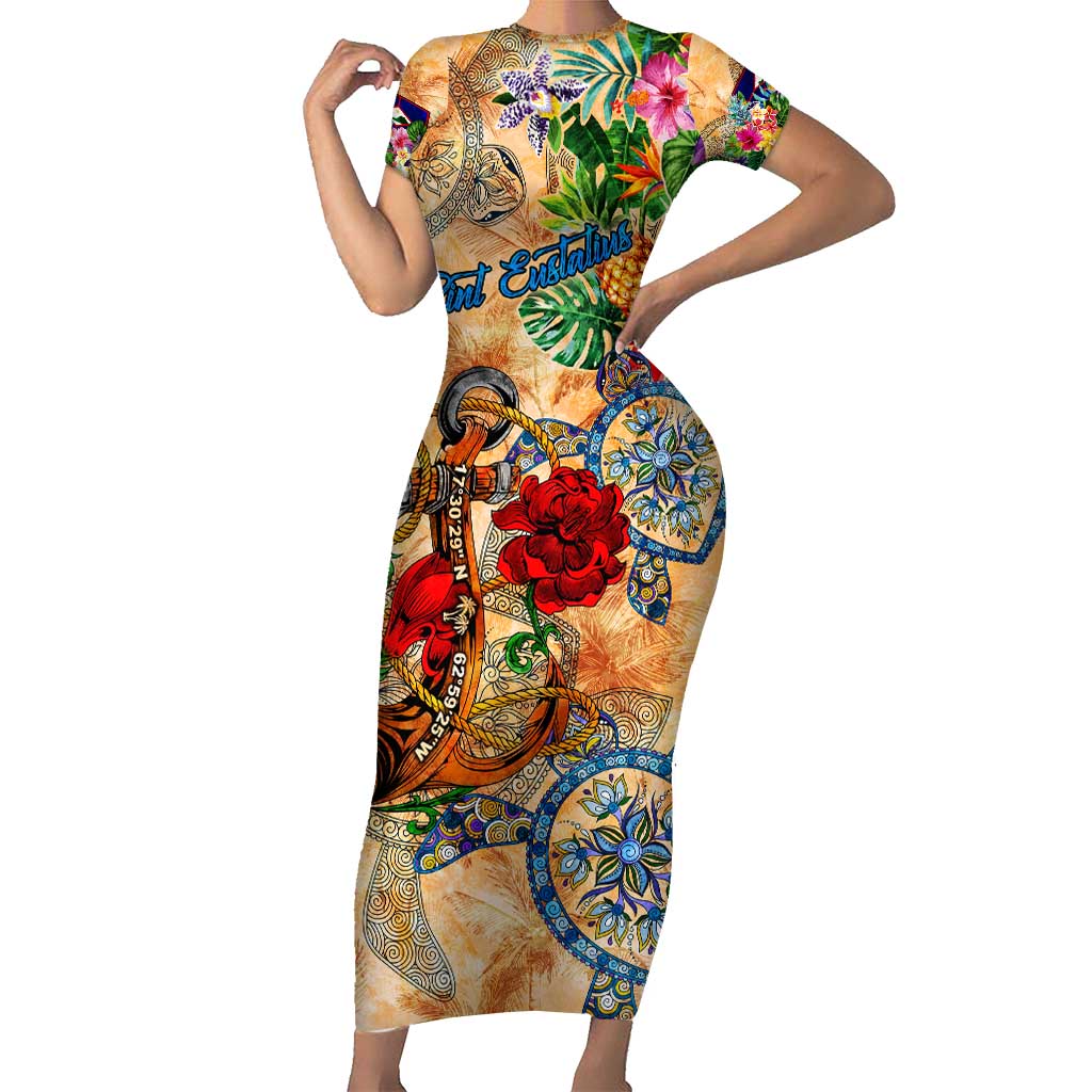 Sint Eustatius Short Sleeve Bodycon Dress Geographic Coordinate Anchor - Turlte Tropical