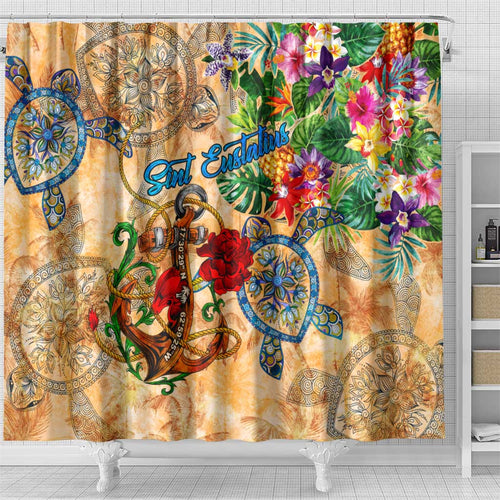 Sint Eustatius Shower Curtain Geographic Coordinate Anchor - Turlte Tropical