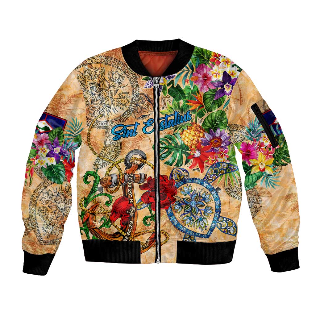Sint Eustatius Sleeve Zip Bomber Jacket Geographic Coordinate Anchor - Turlte Tropical